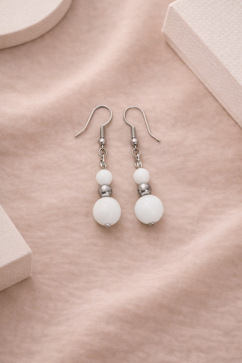 White Glass Drop Earrings | Silver Stainless Steel