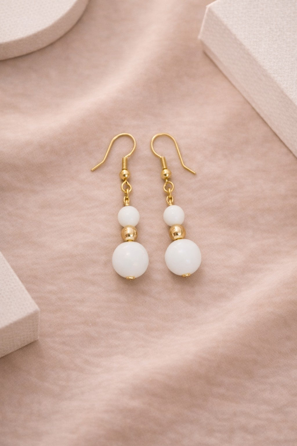 White Glass Drop Earrings – Gold