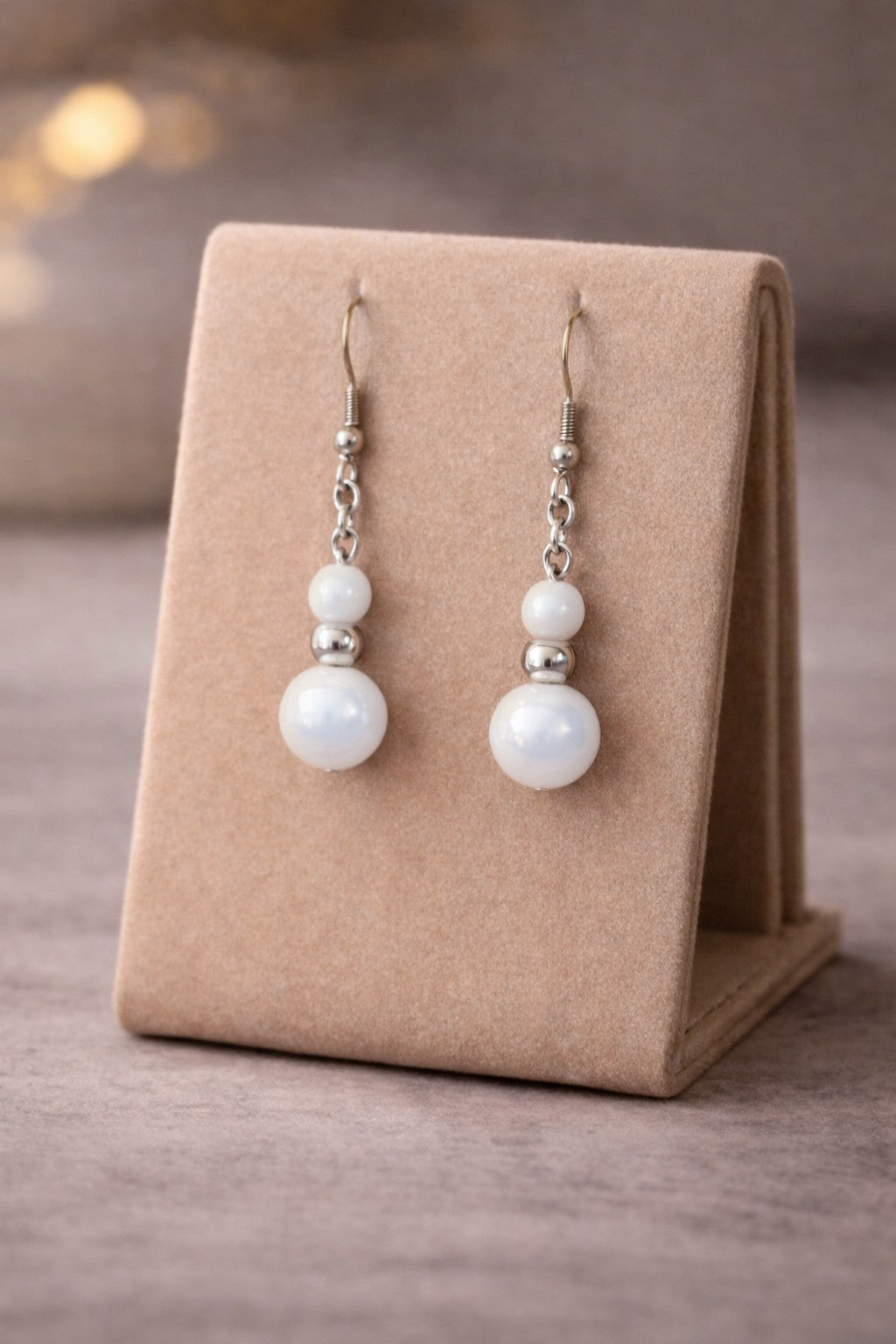 White Glass Drop Earrings | Silver Stainless Steel