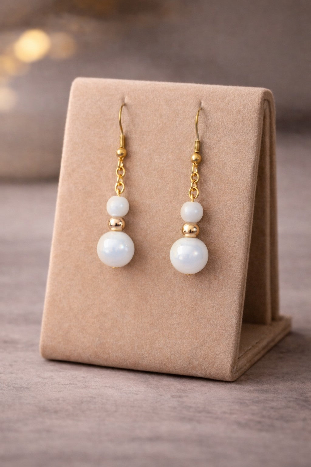 White Glass Drop Earrings – Gold