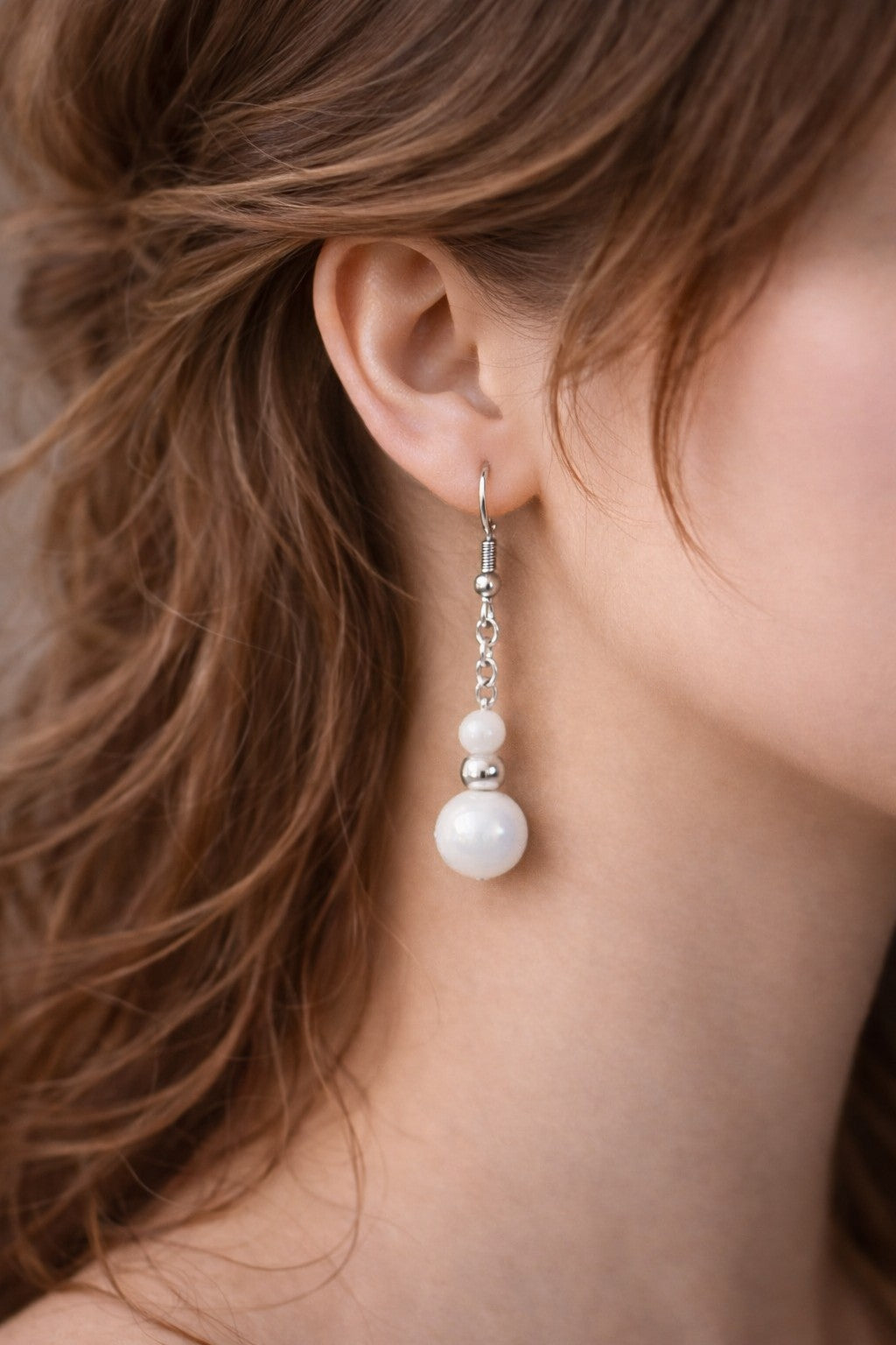 White Glass Drop Earrings | Silver Stainless Steel