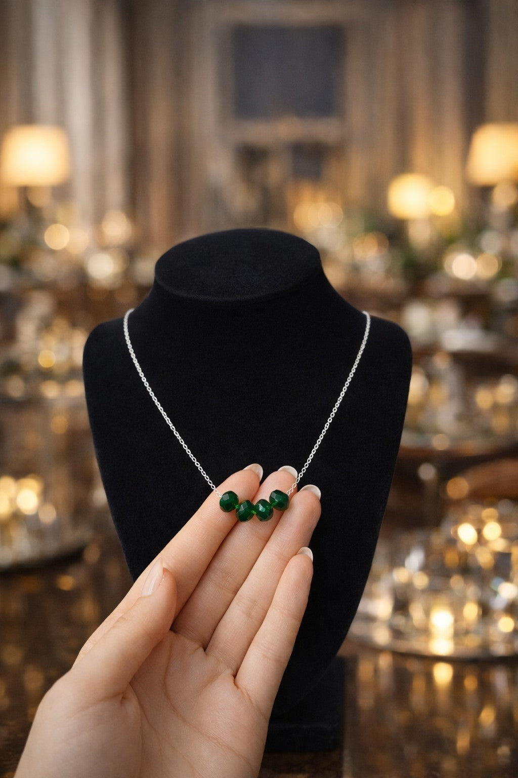 Emerald Glow – Green Bead Stainless Steel Necklace
