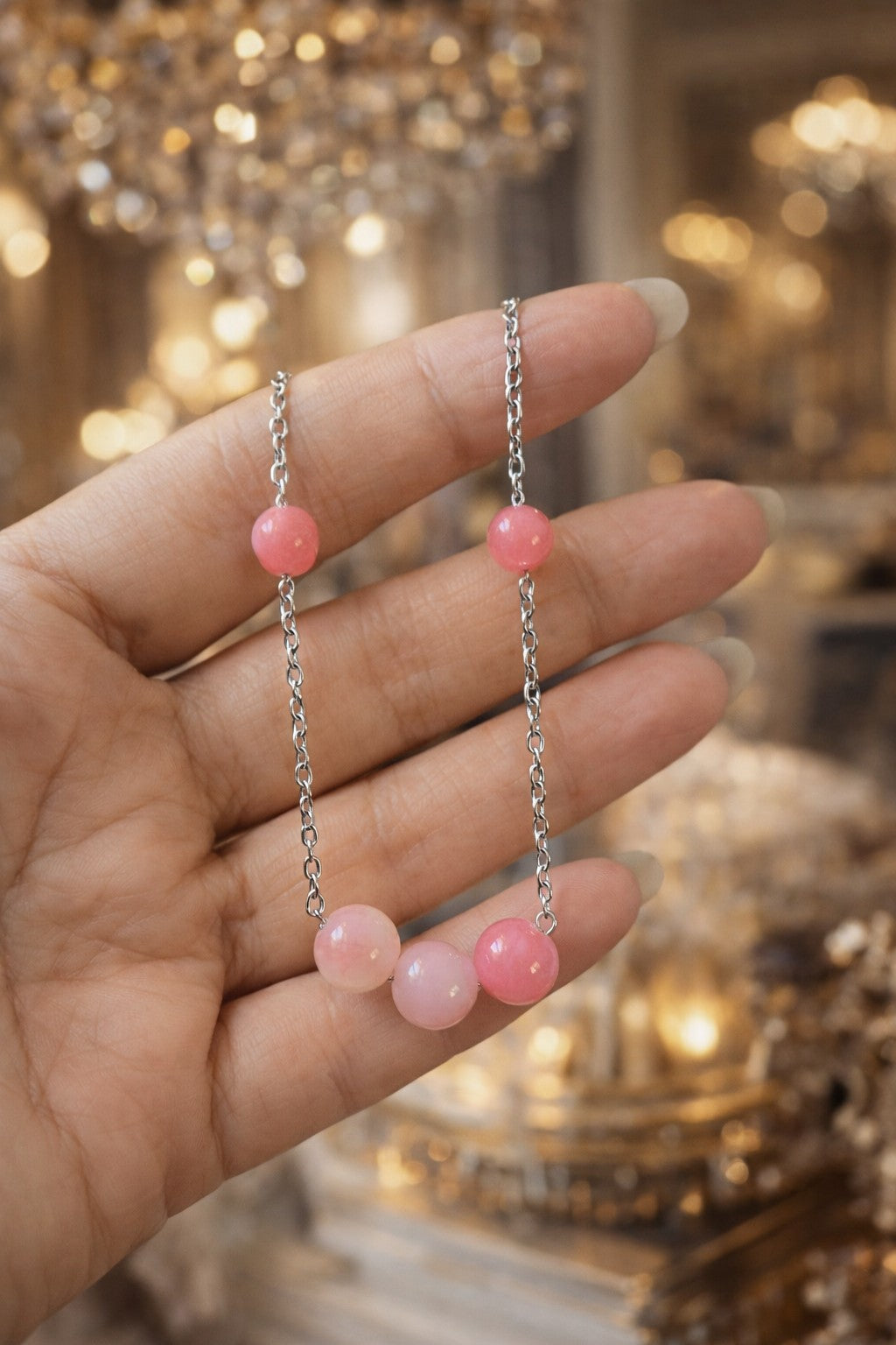 Pink Natural Stone Bead Necklace – Silver Stainless Steel