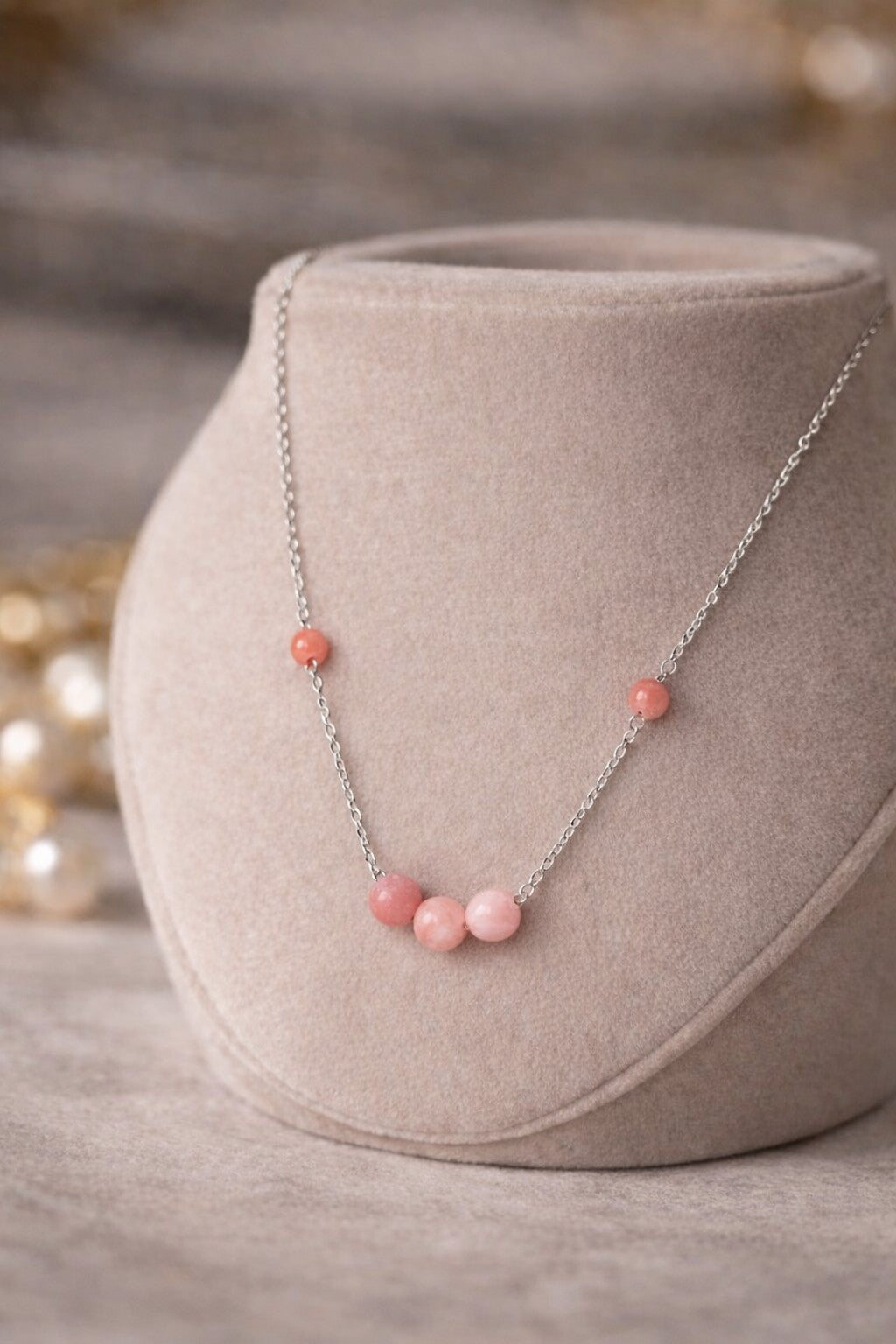 Pink Natural Stone Bead Necklace – Silver Stainless Steel