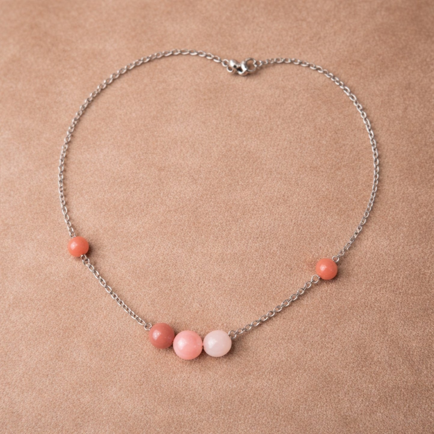 Pink Natural Stone Bead Necklace – Silver Stainless Steel