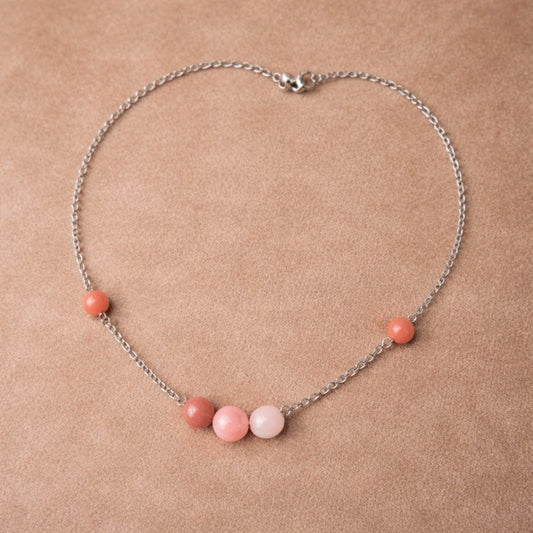 Pink Natural Stone Bead Necklace – Silver Stainless Steel