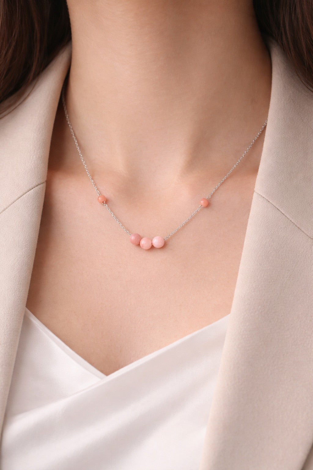 Pink Natural Stone Bead Necklace – Silver Stainless Steel