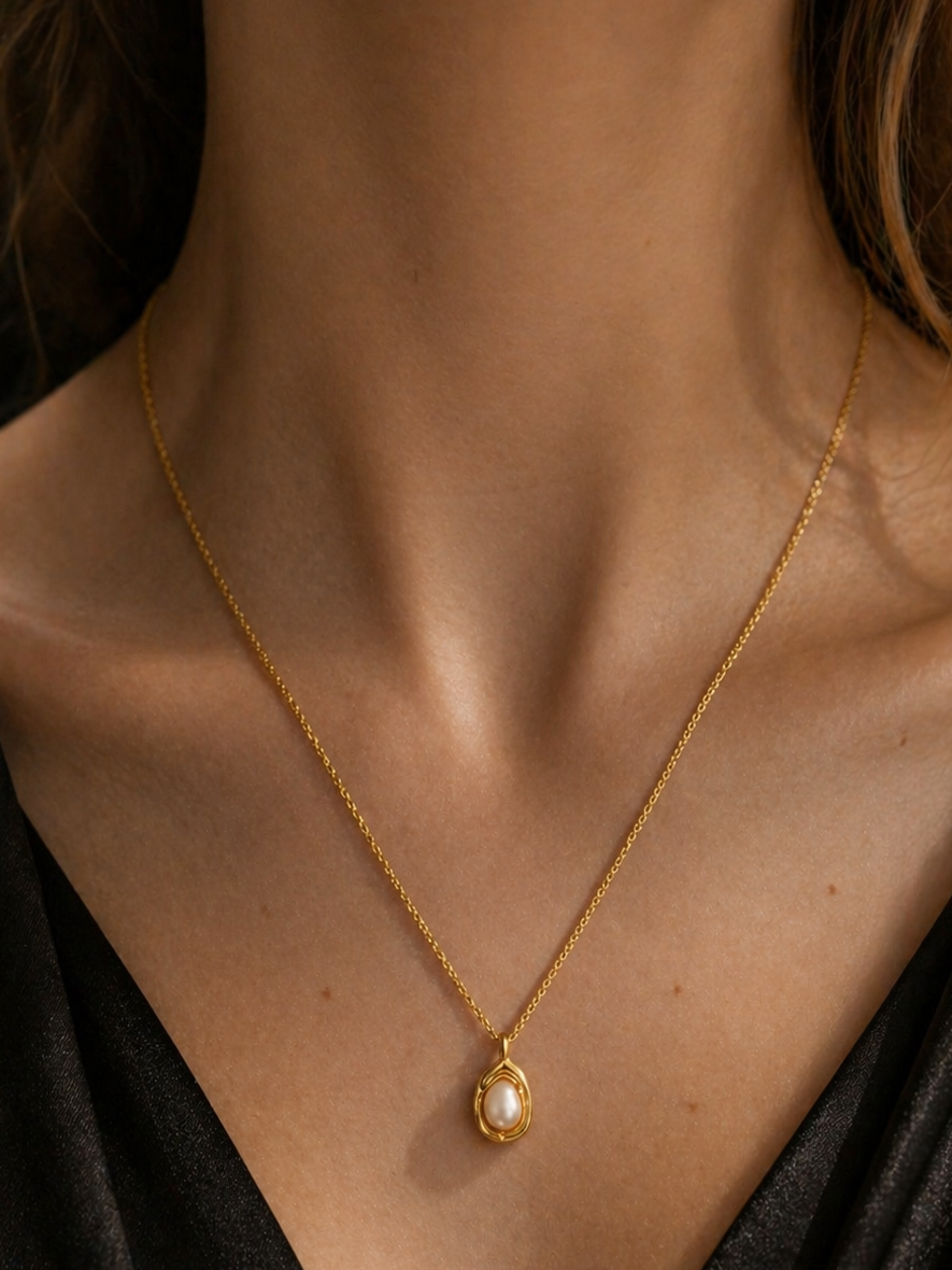 Molten Frame Pearl Necklace -316L Stainless Steel