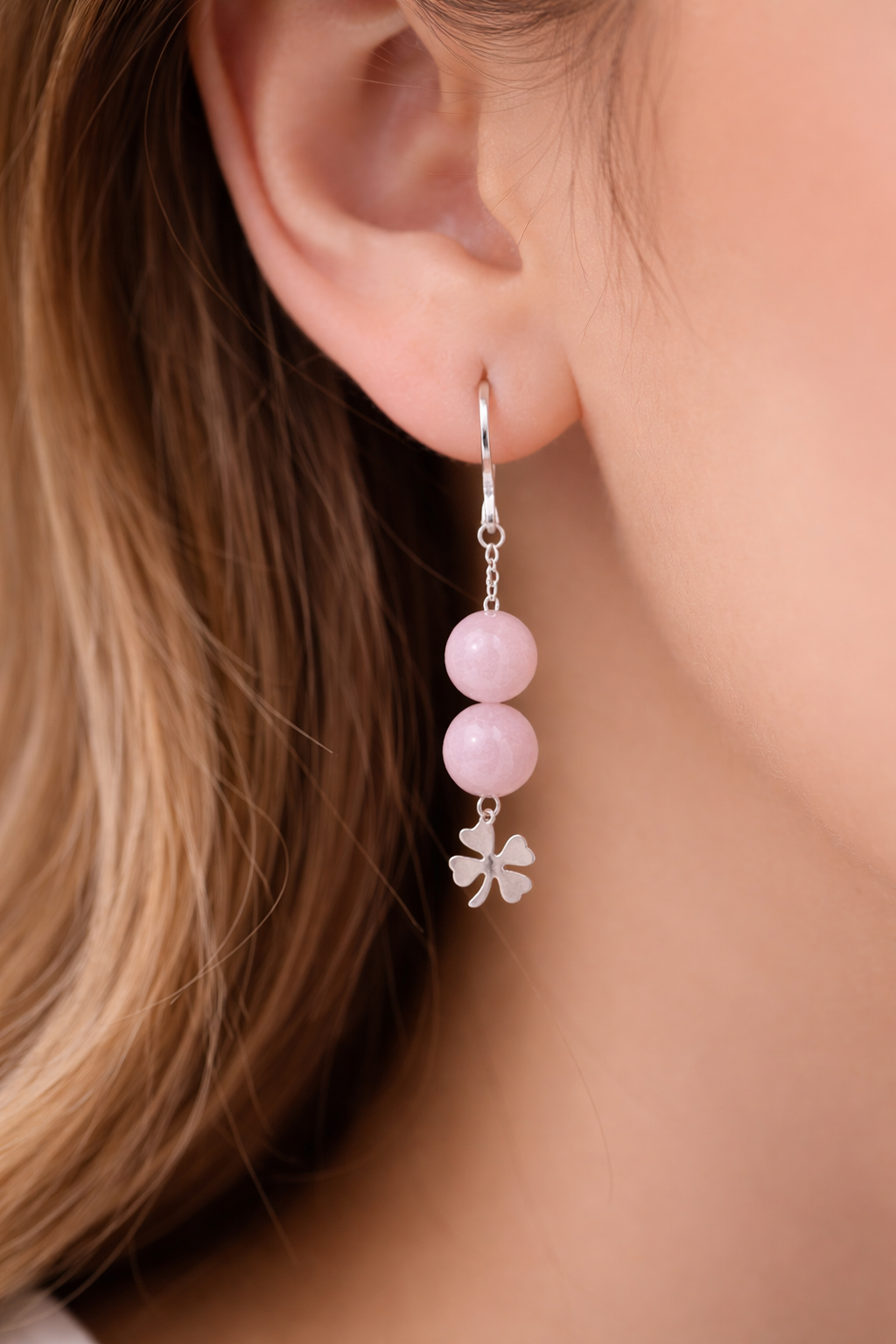 Soft Pink Stone Clover Earrings