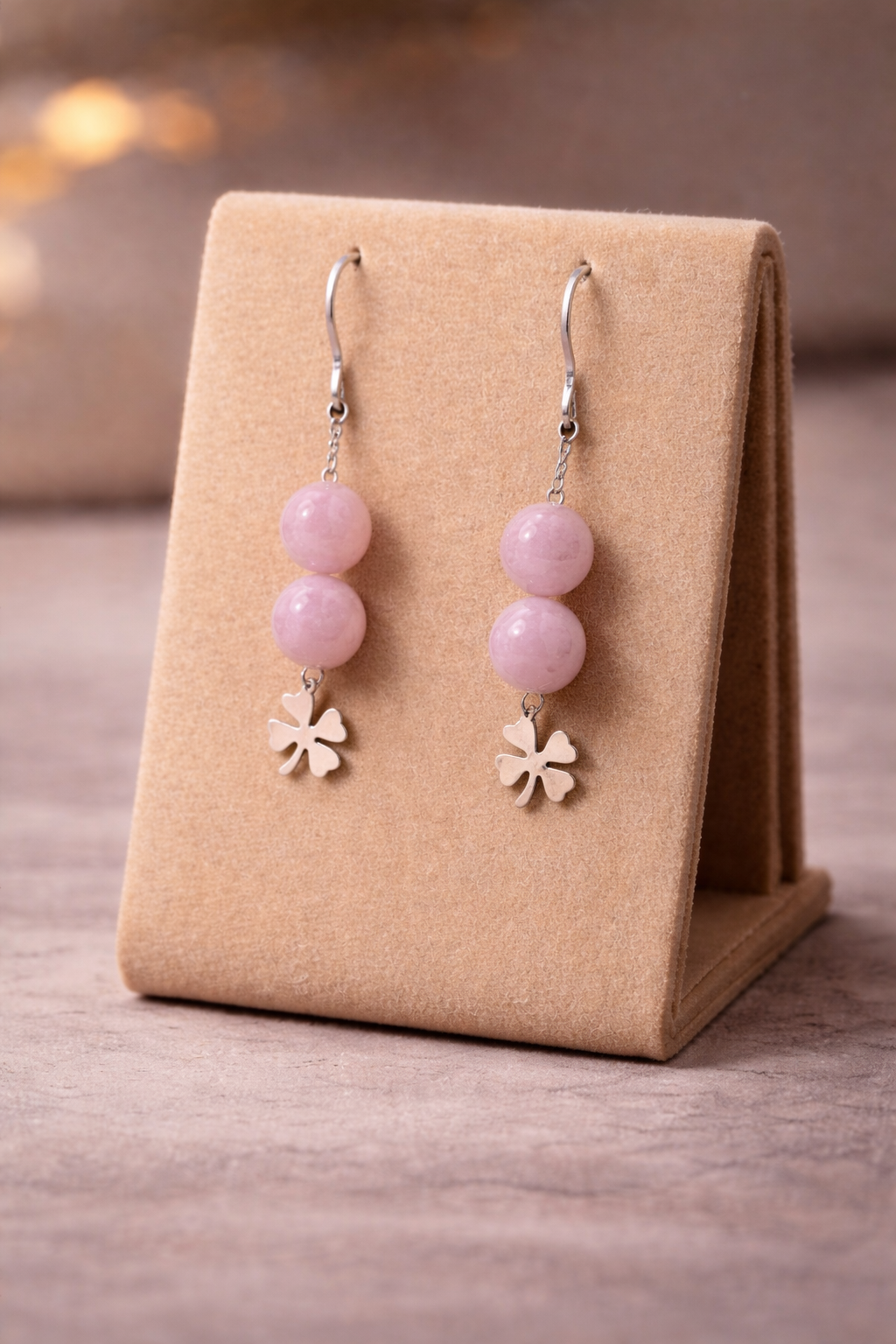 Soft Pink Stone Clover Earrings