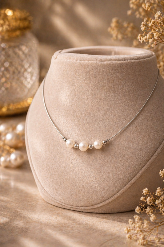 Pearl Floating Wire Necklace – Silver Tone